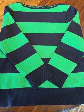 Lauren Ralph Lauren Navy & Green Wide Stripe Boatneck Sweater